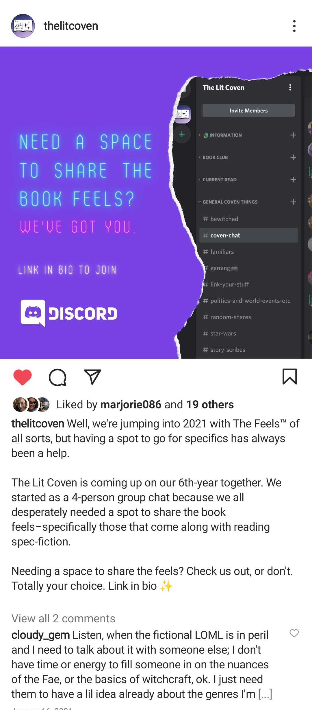 A screenshot of an Instagram post from The Lit Coven with an image that says "Need a space to share the book feels? We've Got You. Link in Bio to join" with the Discord Logo. The caption reads, "Well, we're jumping into 2021 with The Feels of all sorts, but having a spot to go for specifics has always been a help. The Lit Coven is coming up on our 6th-year together."